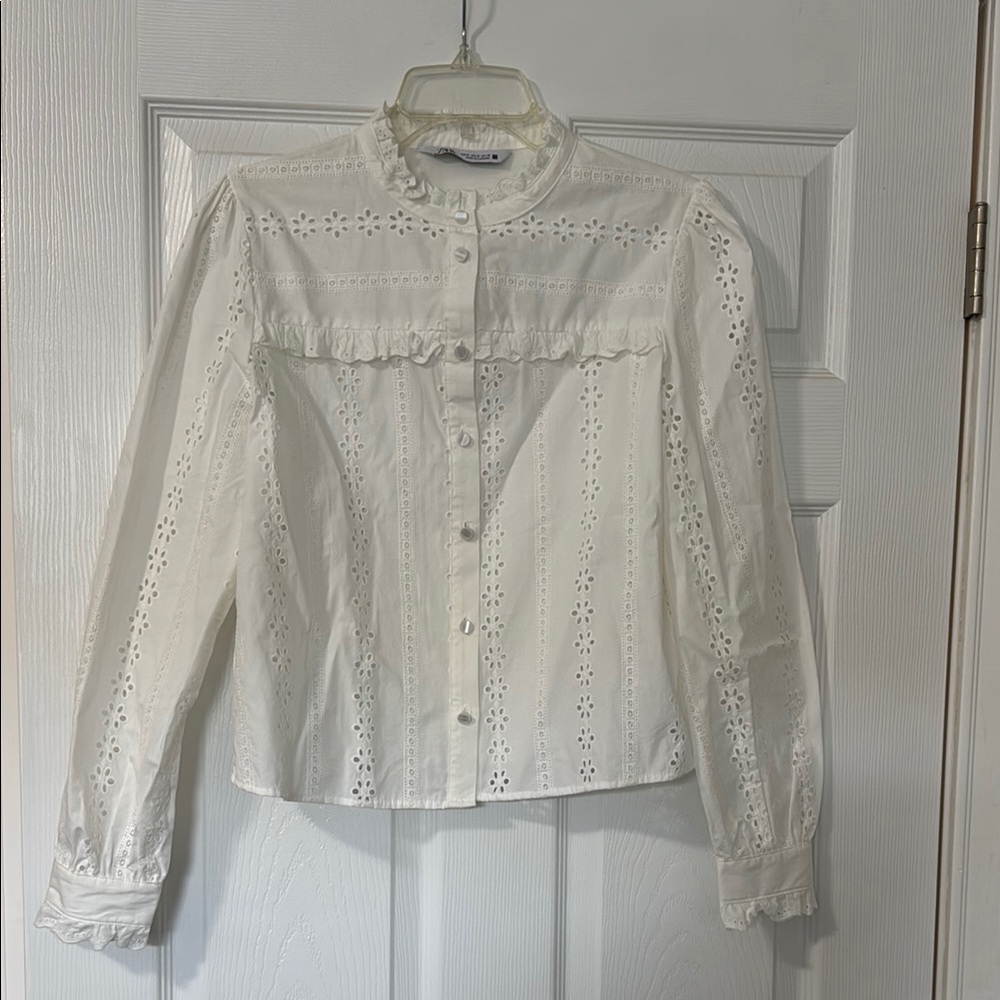 Zara White Eyelet Button-Up Blouse